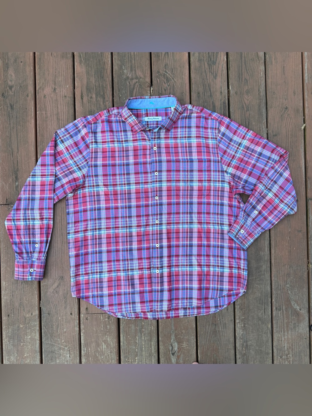 Tommy Bahama Men’s XL Pink Blue Plaid Button Up Shirt Long Sleeve Silk Blend